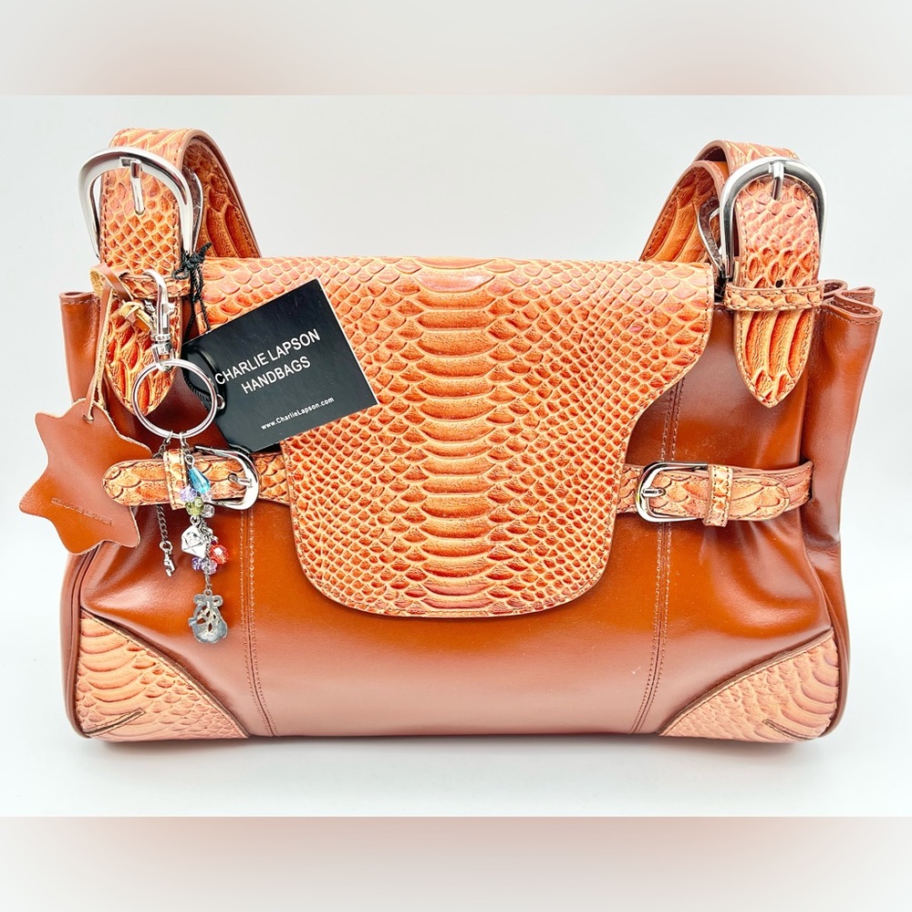 NEW Charlie Lapson Leather Shoulder Bag Purse Caramel Brown Reptile Print 14”x9”